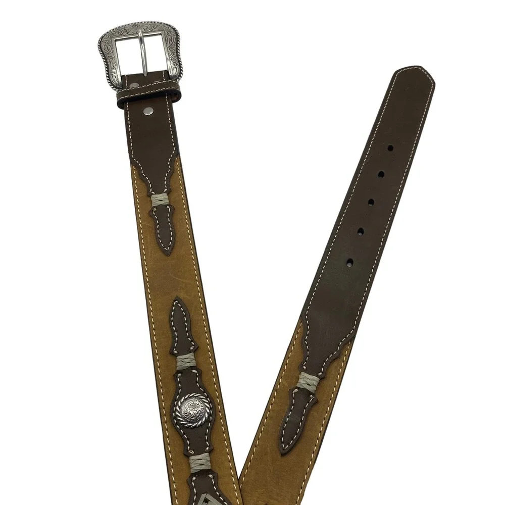 Nocona Aztec Southwestern Leather Belt Men 44 Brown Floral Concho Western NWT